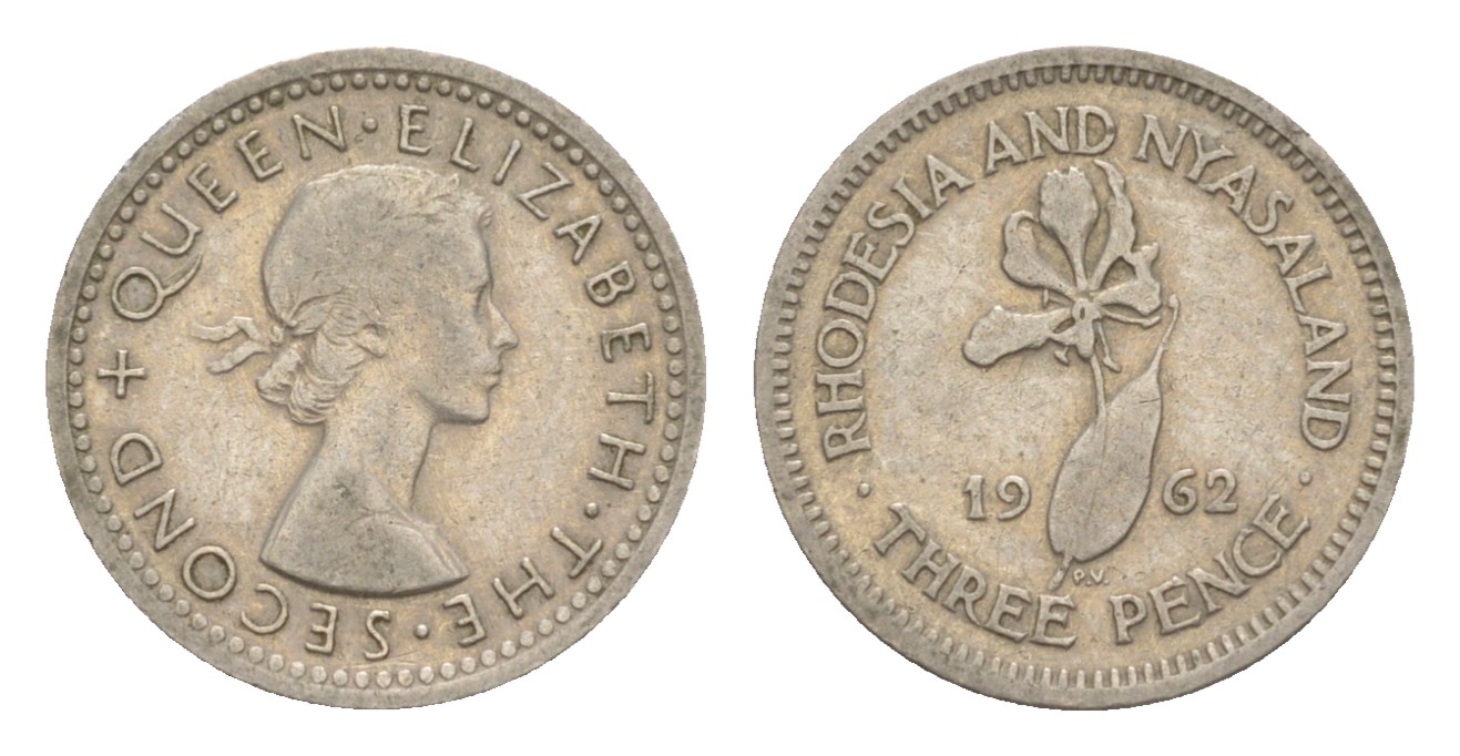 Родезия и Ньясаленд 3 пенса 1962 Елизавета II (1952-2022), цветок глориоза KM  3 медно-никель  4640-925