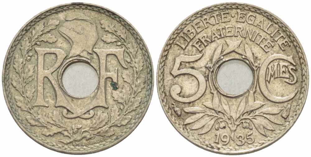 ФРАНЦИЯ 5 САНТИМОВ 1935 ТИП ЛИНДАЙЁ KM 875, LE FRANC 122.18 медно-никель 105-365