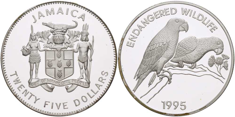 Ямайка 25 долларов 1995 ФОНД ЗАЩИТЫ ОКРУЖАЮЩЕЙ СРЕДЫ, ПОПУГАИ АМАЗОНКИ (AMAZON PARROTS) KM 174 серебро  PROOF  00-000-00
