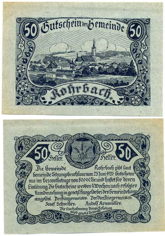Австрия, Рорбах 50 геллеров 1920 25 июня 1920, нотгельд, земля Верхняя Австрия   бумага  UNC (пресс) 7221-31-2-1