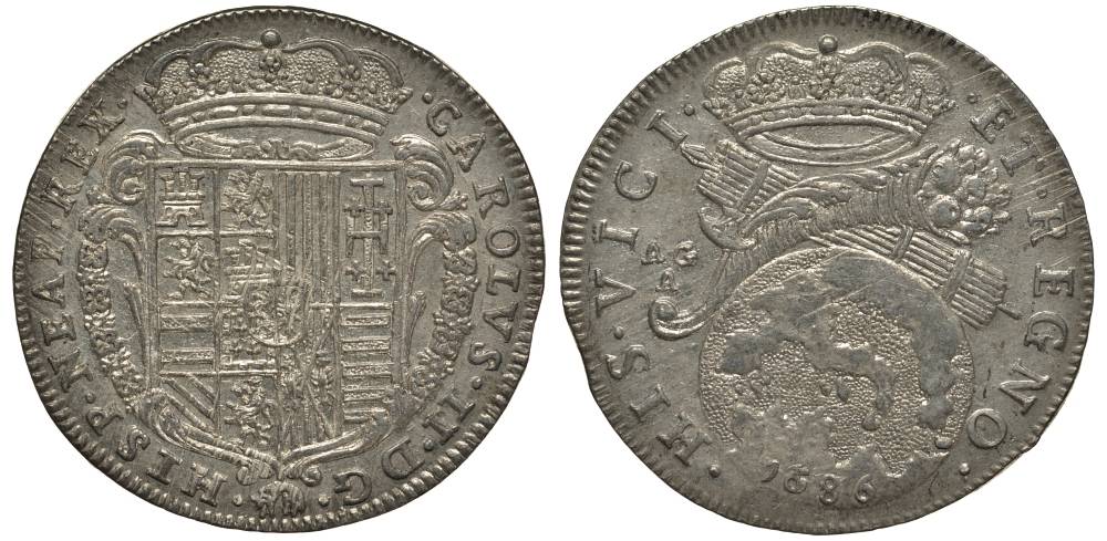Неаполь и Сицилия тари (2 карлини) 1686 Карл II Испанский серебро aUNC 00-822-11