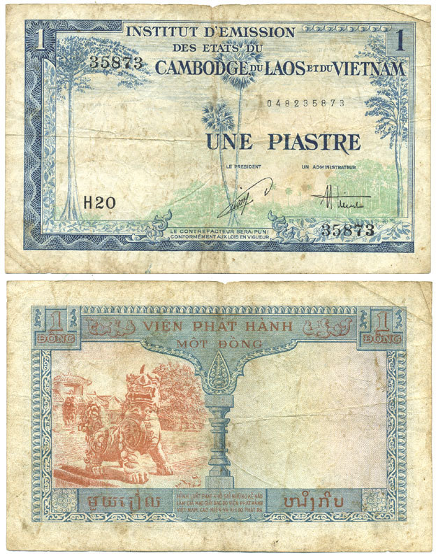 ФРАНЦУЗСКИЙ ИНДОКИТАЙ, ВЬЕТНАМ 1 ПИАСТР = 1 ДОНГ 1954 ВЫПУСК ДЛЯ ВЬЕТНАМА Pick 105 бумага 7548-90-1
