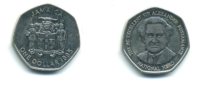 Ямайка 1 доллар 1995 Александр Бустаманте KM 164 никелированная сталь 4364-1025