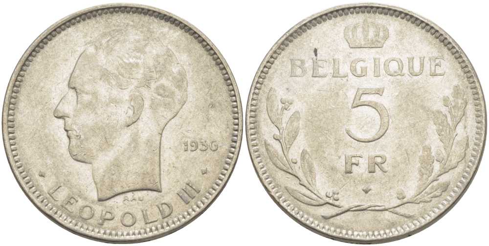 Бельгия 5 франков 1936 Леопольд III (1934-1951), Belgique KM 118 никель 3851-442