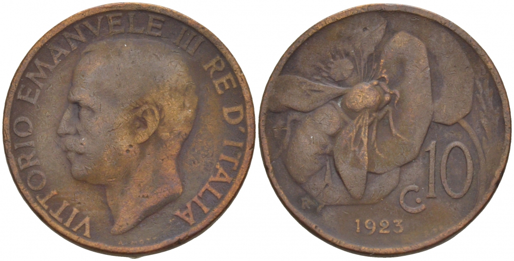 ИТАЛИЯ 10 ЧЕНТЕЗИМО 1923 R, ВИКТОРИО ЭМАНУИЛ, ПЧЕЛА KM 60 медь 4544-1052