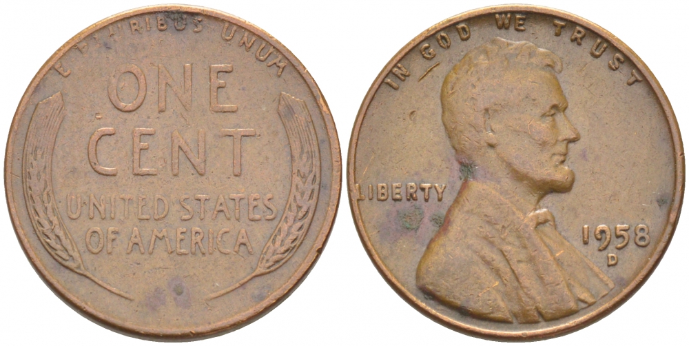 США 1 ЦЕНТ 1958 D ЛИНКОЛЬН KM A132 медь цинк 3309-228