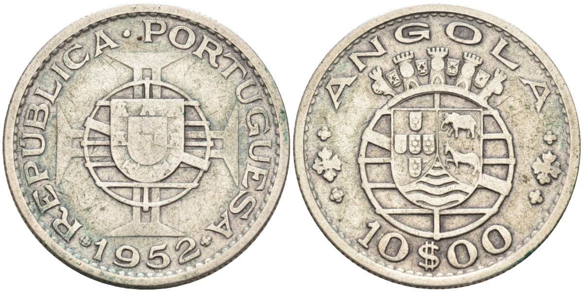 Португальская Ангола 10 эскудо 1952 KM 73 серебро 4591-1016