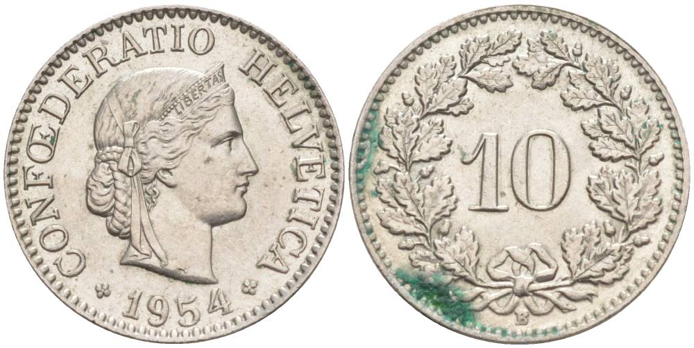 ШВЕЙЦАРИЯ 10 РАППЕНОВ 1954 В KM 27 медно-никель 55-242