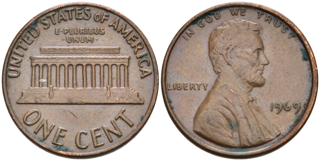 США 1 цент 1969 Линкольн KM 201 медь цинк 4564-448