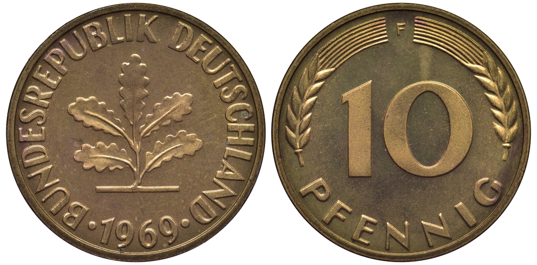 ФРГ 10 пфеннигов 1969 F J 383, KM 108 сталь плакированная латунью  PROOF  1099-4-31
