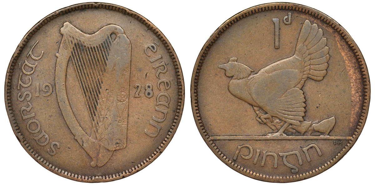 Ирландия 1 пенни 1928 курица с цыплятами KM 3 бронза 4123-1213