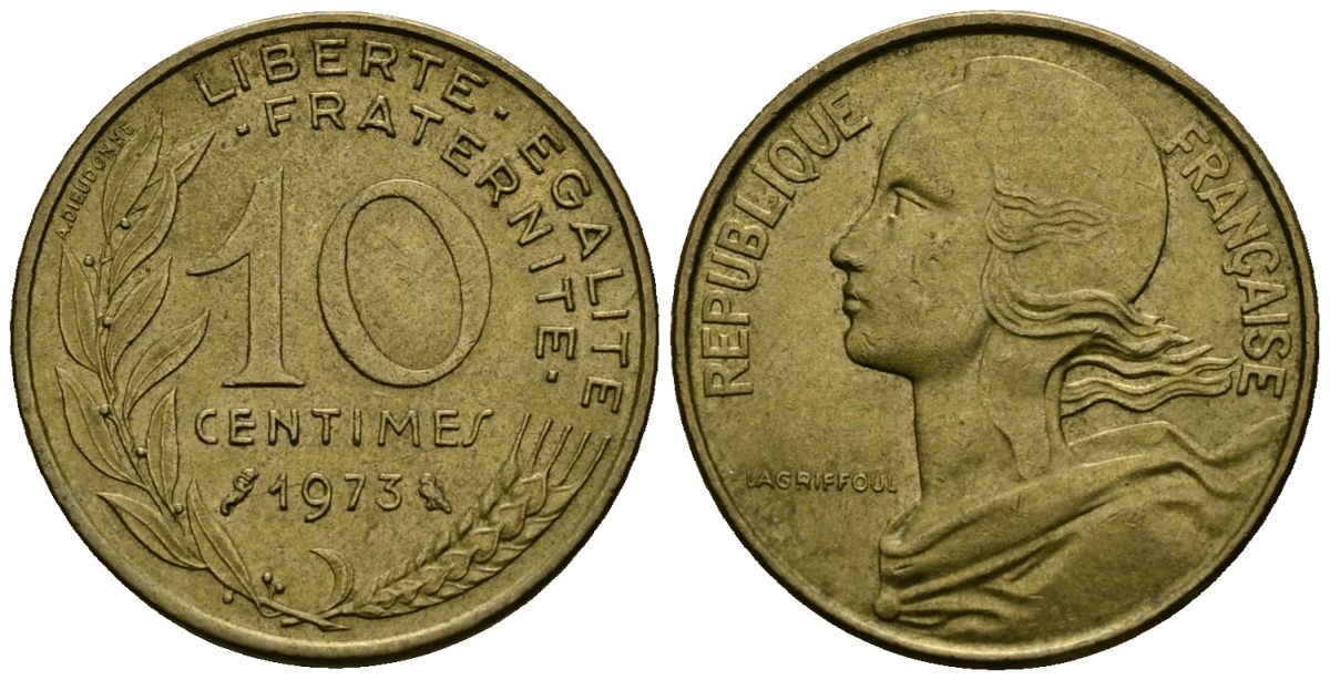 Франция 10 сантимов 1973 тип Marianne KM 929 алюминиевая бронза 4136-413