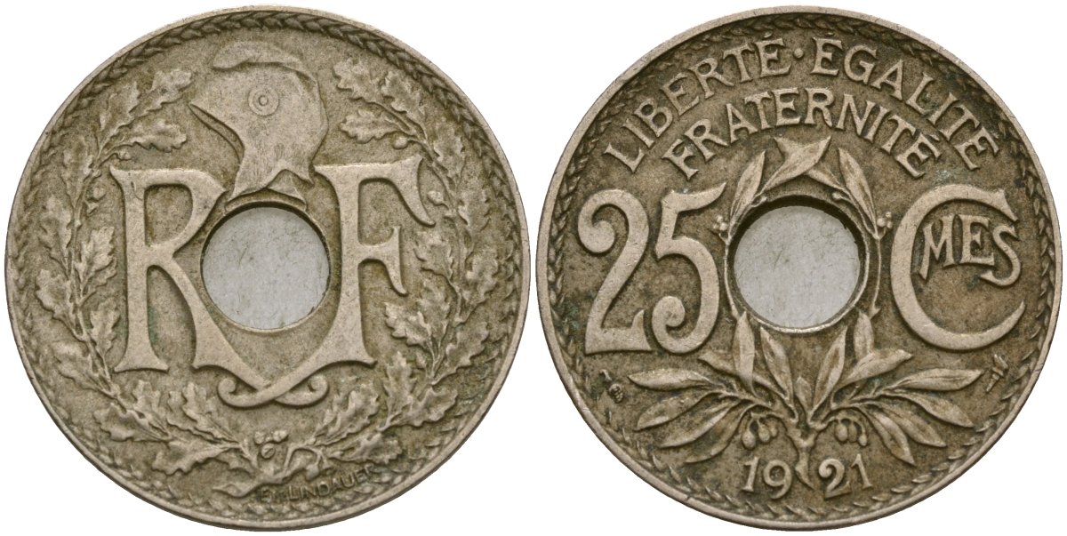 Франция 25 сантимов 1921 KM 867a медно-никель 51-3037