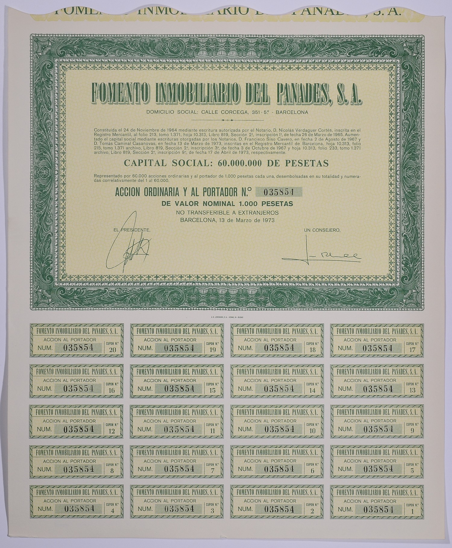 Испания акция на 1000 песет 1973 Fomento Inmobiliario del Panades, S.A., Барселона 1973, с купонами бумага 5544-18