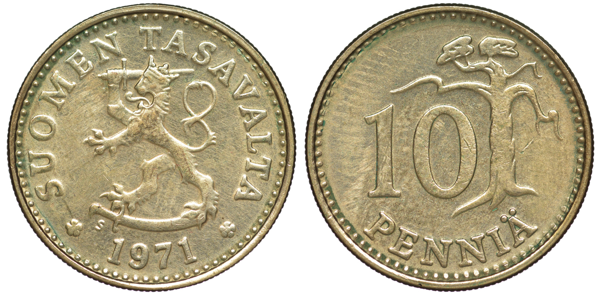 ФИНЛЯНДИЯ 10 ПЕННИ 1971 S KM 46 алюминиевая бронза 3334-1127