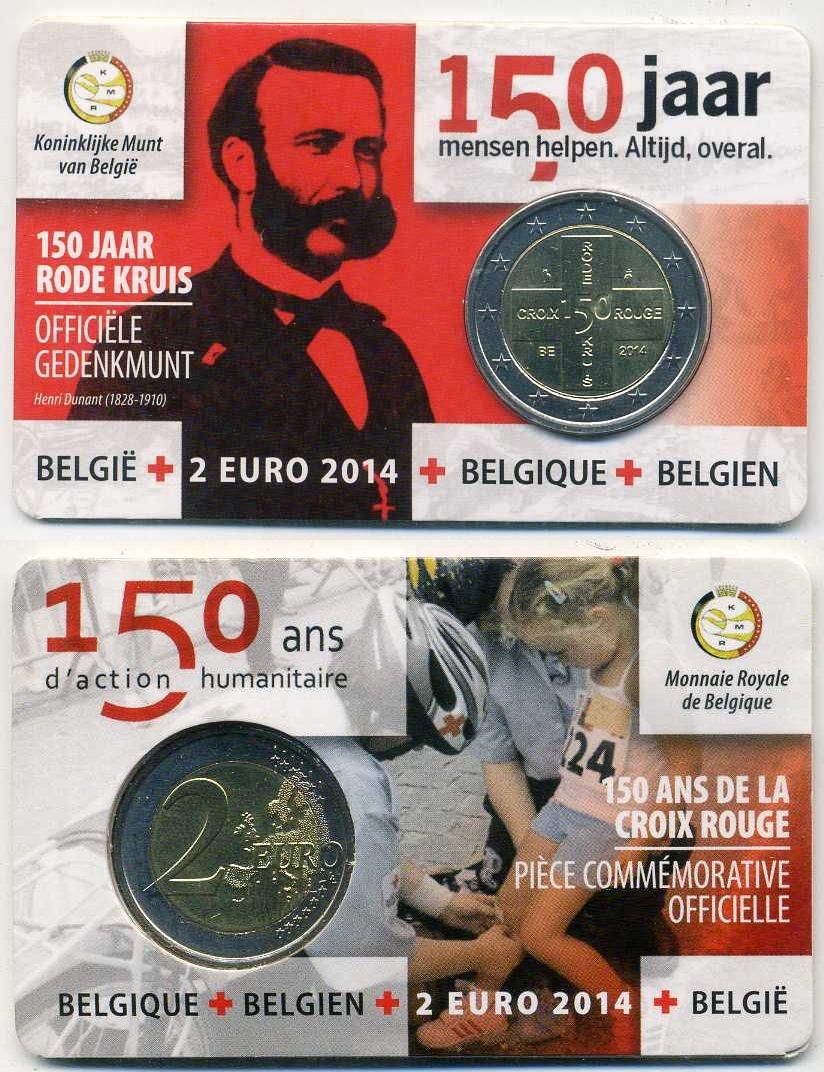 Бельгия 2 евро 2014 150 лет бельгийскому Красному кресту, в оригинальном блистере KM 362 биметалл BU 5-6-3-06