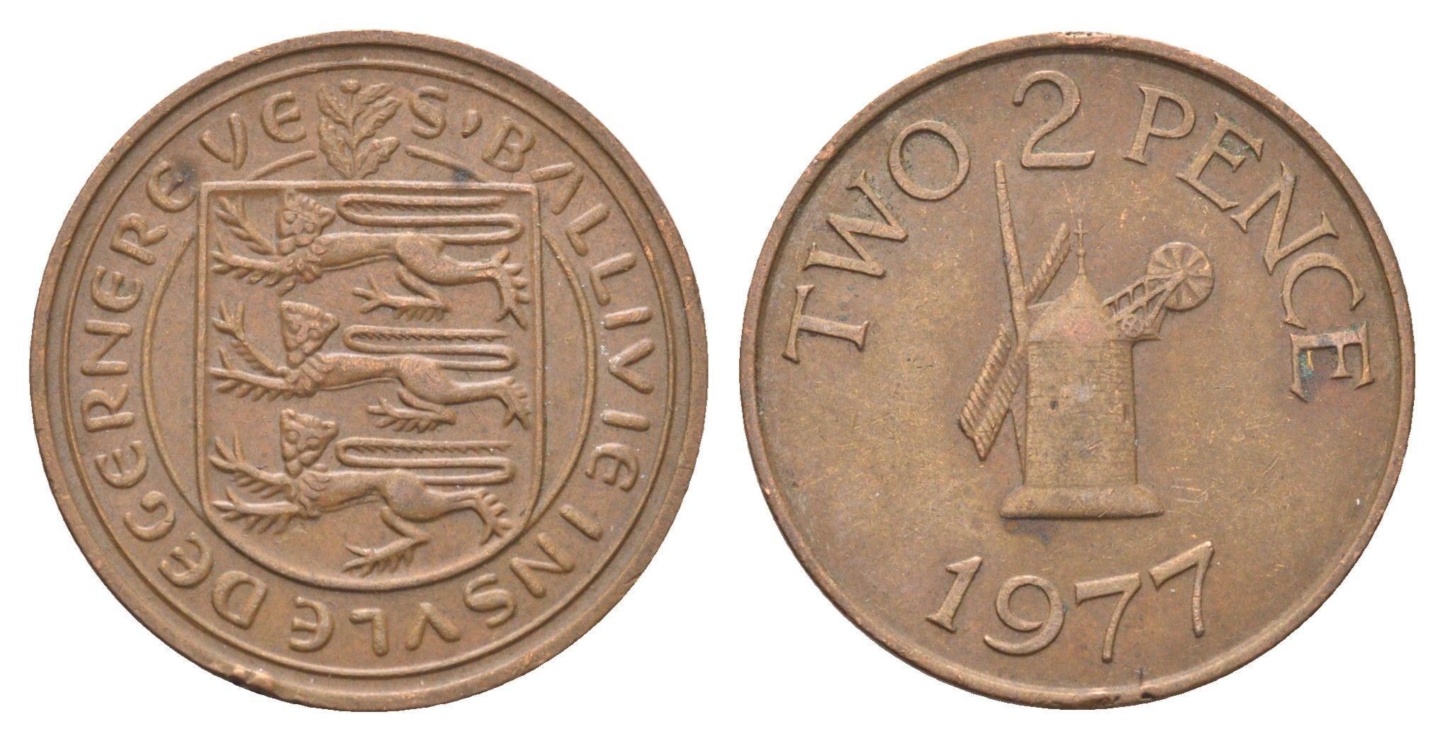 Гернси 2 пенса 1977 Елизавета II (1952-2022), ветряная мельница KM 28 бронза 4703-1146