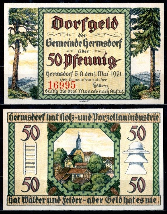 Хермсдорф (Тюрингия) 50 пфеннигов 1921 DeNG 1/2 600.1 2/4 бумага UNC (пресс) 7555-18-1-2