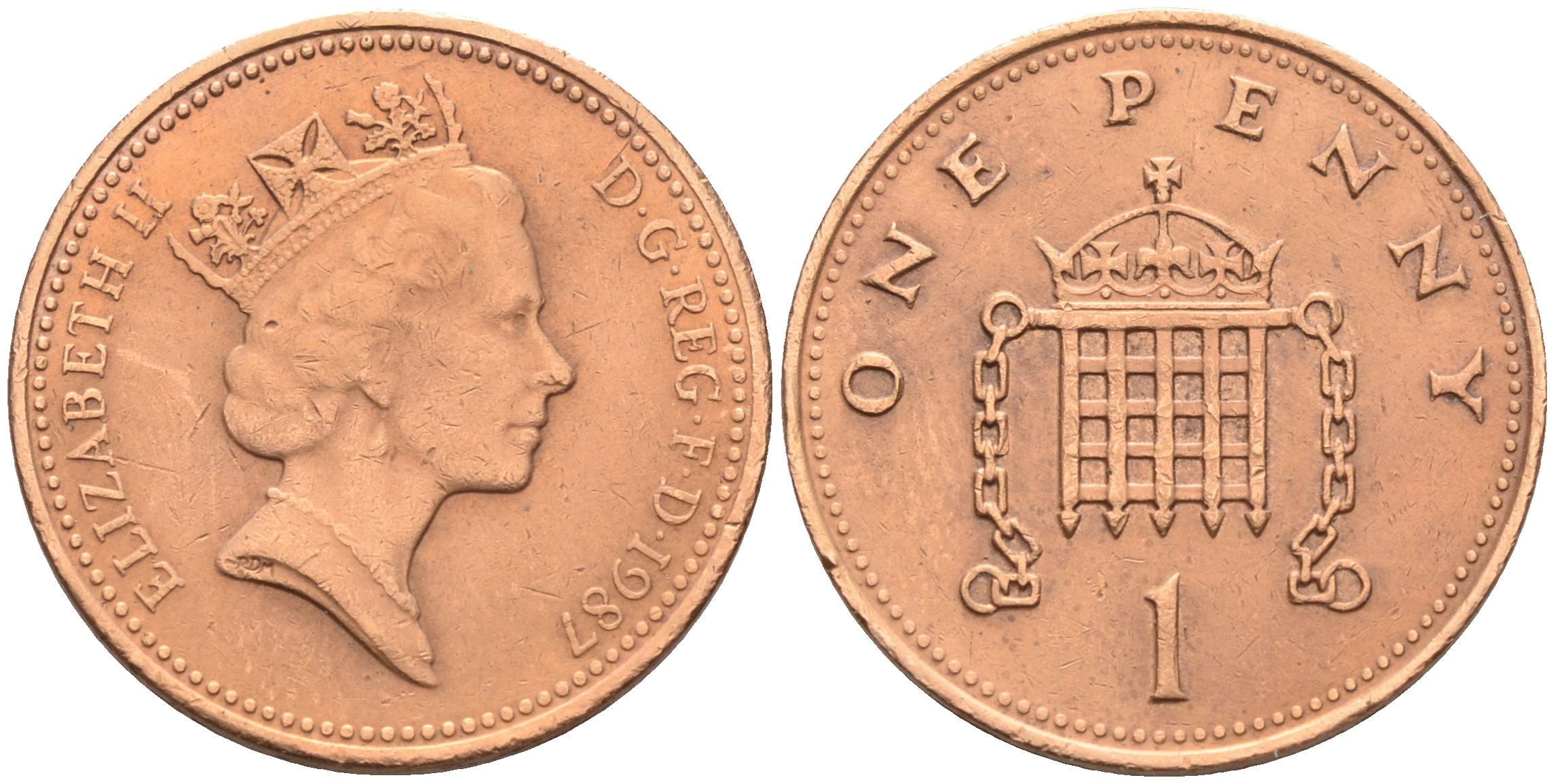 Великобритания 1 пенни 1987 Елизавета II (1952-2022) КМ 935, Spink 4381 (B3) бронза 4588-547