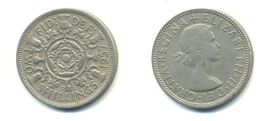 Великобритания 2 шиллинга (флорин) 1957 Елизавета II (1952-2022) KM 906, Spink 4146 медно-никель 59-834