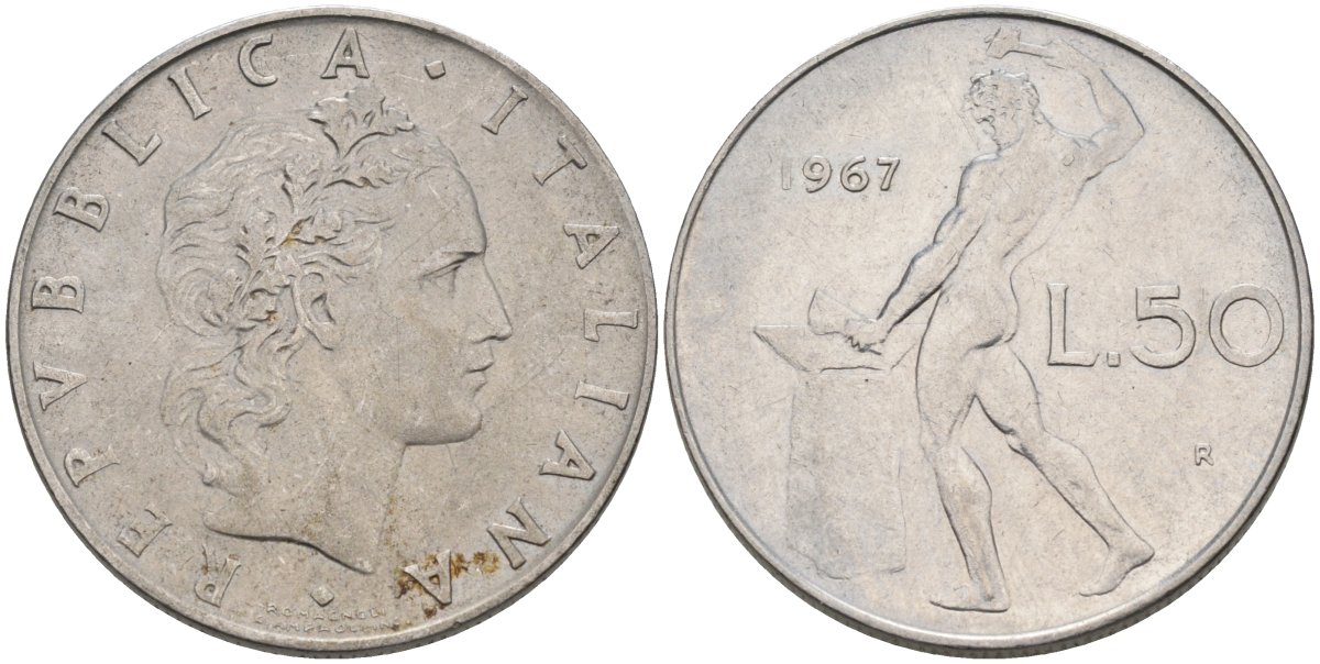 Италия 50 лир 1967 R, бог огня Вулкан у наковальни KM 95.1 нержавеющая сталь 4575-224