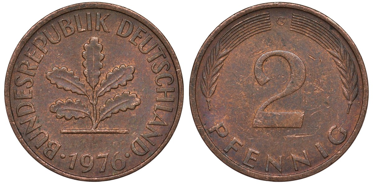 ФРГ 2 пфеннига 1976 G KM 106а сталь плакированная медью 4122-411