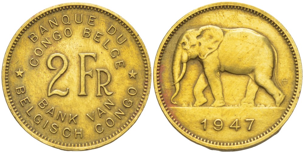 Бельгийское Конго 2 франка 1947 слон KM 28 латунь 4541-1026