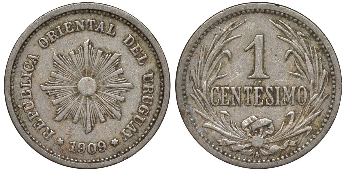 Уругвай 1 сентесимо 1909 KM 19 медно-никель 4169-568