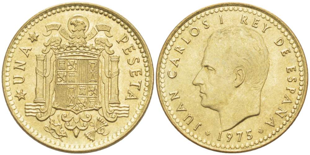 Испания 1 песета 1975 (80) Хуан Карлос I (1975-2014) KM 806 алюминиевая бронза 4523-856