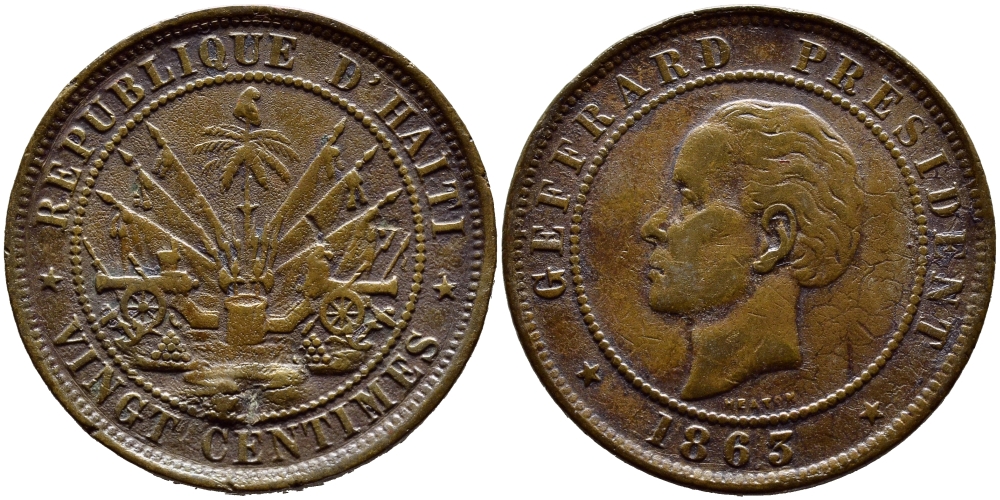 Гаити 20 сантимов 1863 Heaton, Президент Фабр Жеффрар KM 41 бронза 633-522