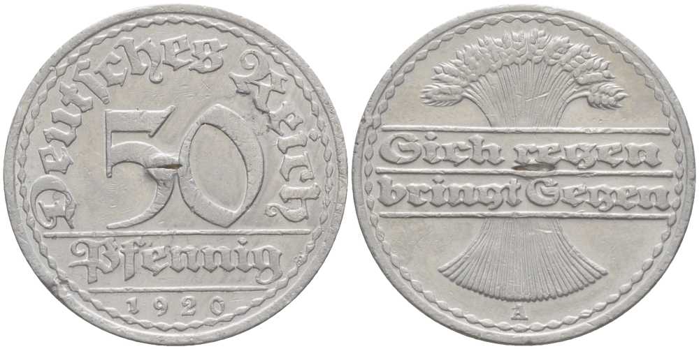 ГЕРМАНИЯ 50 ПФЕННИГОВ 1920 А KM 27, J. 301 алюминий 202-335
