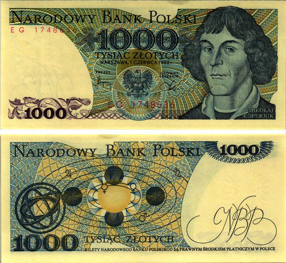 ПОЛЬША 1000 ЗЛОТЫХ 1982 1 ИЮНЯ 1982, НИКОЛАЙ КОПЕРНИК Pick 146c бумага аUNC 6352-28-3-2