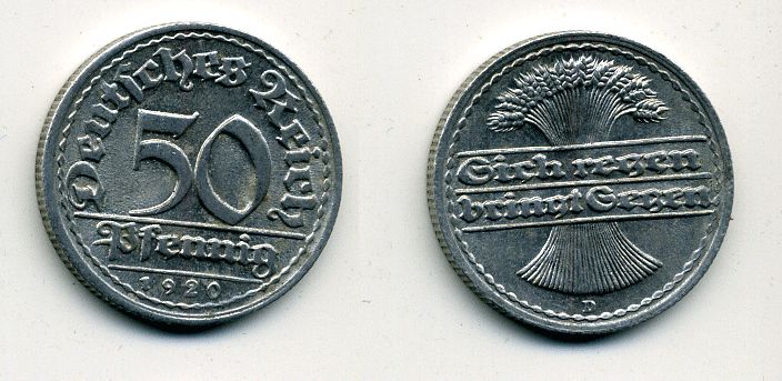 ГЕРМАНИЯ 50 ПФЕННИГОВ 1920 D KM 27, J. 301 алюминий 41-625