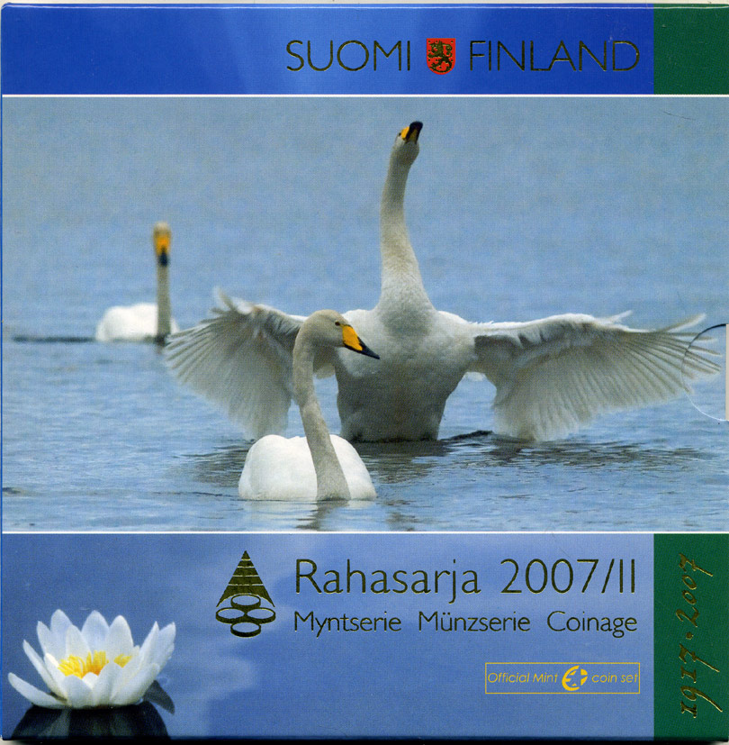 Финляндия евронабор из 8 монет + 5 евро 2007 90 лет независимости Финляндии, официальный набор в оригинальном буклете  биметалл  UNC  5-6-1-07