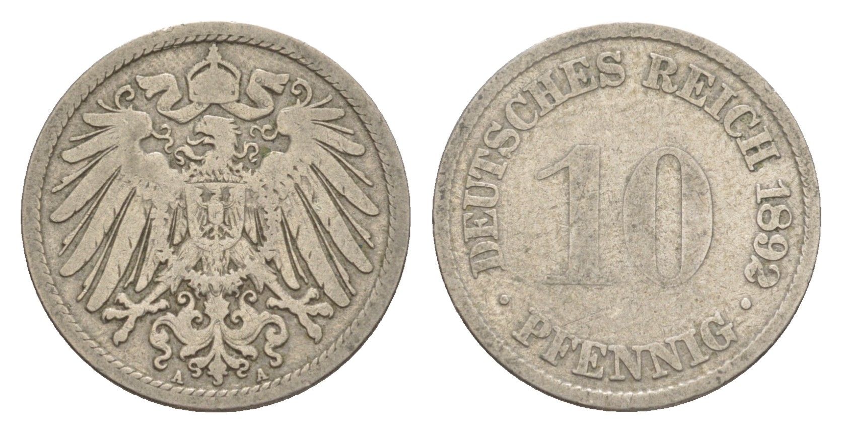 Германия 10 пфеннигов 1892 A, Вильгельм II (1888-1918) KM 12, J. 13 медно-никель 4640-228