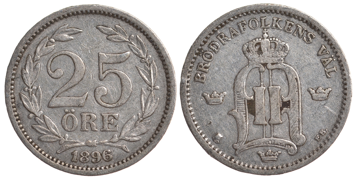 Швеция 25 эре 1896 EB, Оскар II (1872-1907) король Швеции и Норвегии KM 739 серебро 4179-823