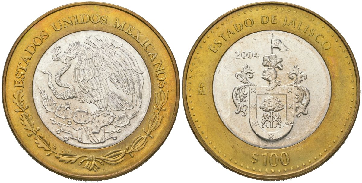 Мексика 100 песо 2004 180 лет Федерации - Халиско KM 750 биметалл, серебро BU 00-1067-8-14