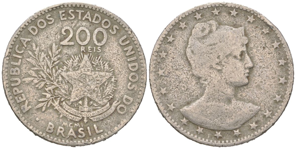 Бразилия 200 реалов 1901 MCMI, голова свободы вправо KM 504 медно-никель 4612-414