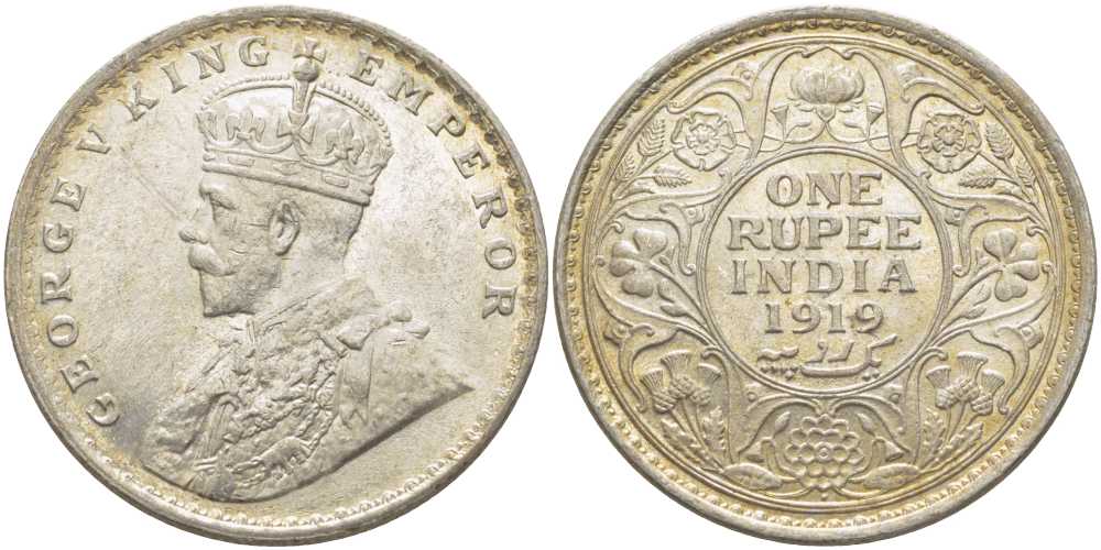 Британская Индия 1 рупия 1919 Георг V (1910-1936) KM 524 серебро UNC 1080-1-51