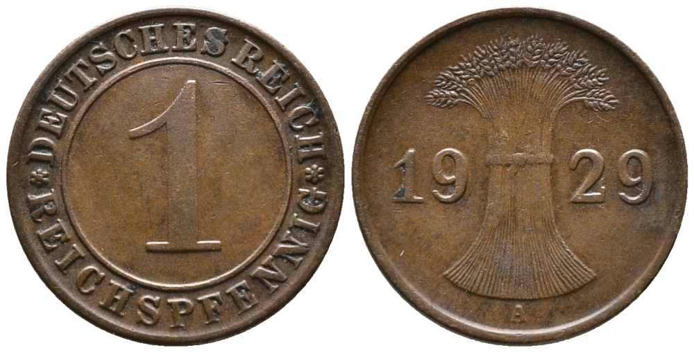 ГЕРМАНИЯ 1 РЕЙХСПФЕННИГ 1929 A KM 37, J. 313 бронза 39-1018