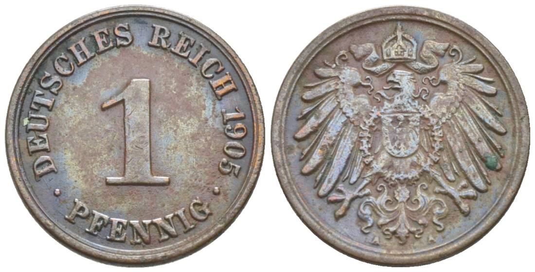 ГЕРМАНИЯ 1 ПФЕННИГ 1905 A KM 10, Jager. 10, Weege 2 медь 4528-1228