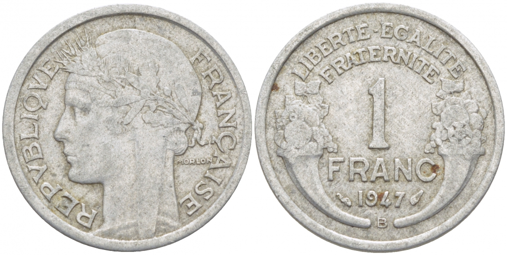 ФРАНЦИЯ 1 ФРАНК 1947 В KM 885а.2 алюминий 4402-921