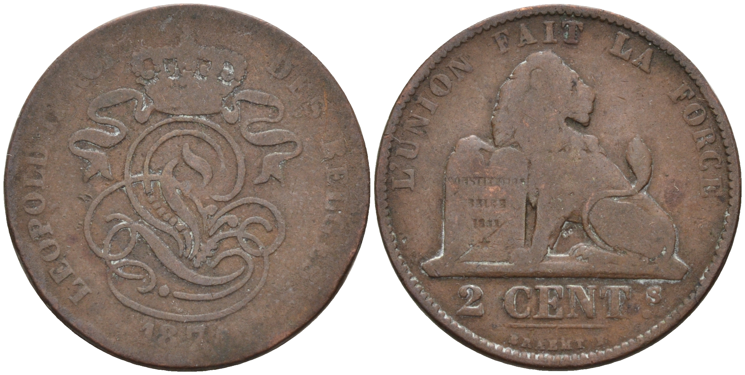 Бельгия 2 сантима 1871 Belges KM 35.1 медь 4595-214