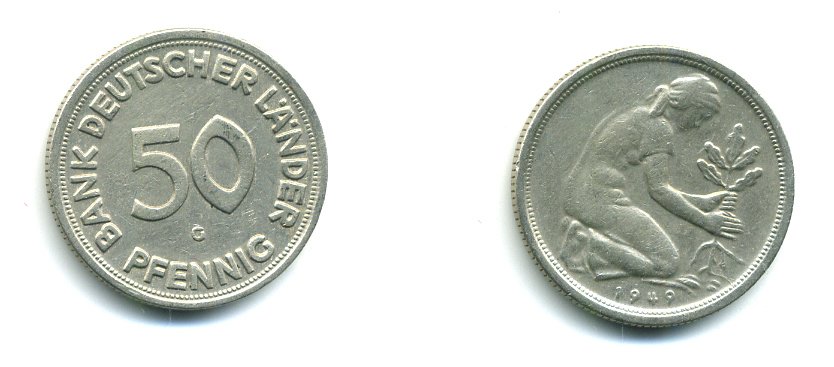 ФРГ 50 пфеннигов 1949 G KM 104, J. 379 медно-никель 23-636