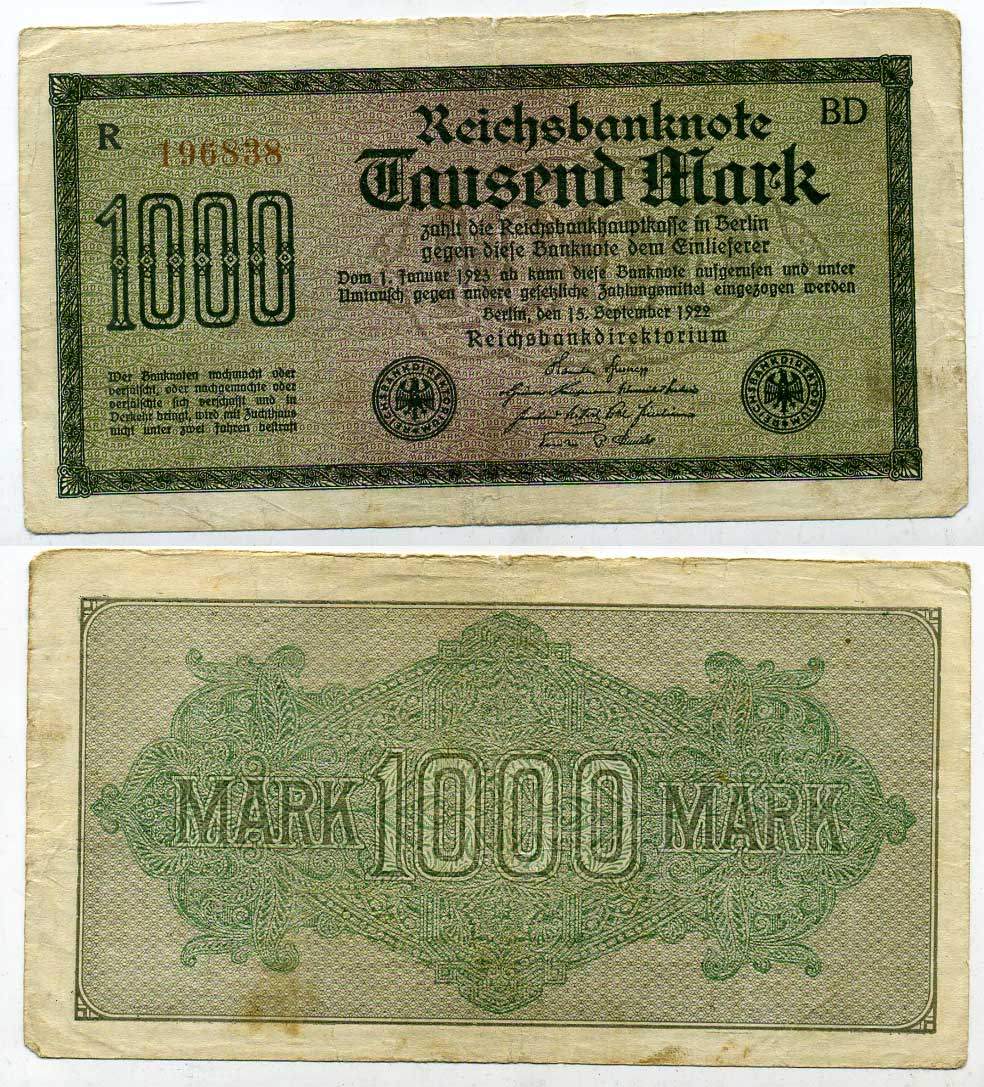 ГЕРМАНИЯ 1000 МАРОК 1922 15 СЕНТЯБРЯ 1922, ВОДЯНОЙ ЗНАК F, БЕЛАЯ БУМАГА Pick 76c бумага 7203-16-1