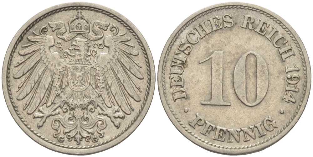 ГЕРМАНИЯ 10 ПФЕННИГОВ 1914 G KM 12, J. 13 медно-никель 33-715