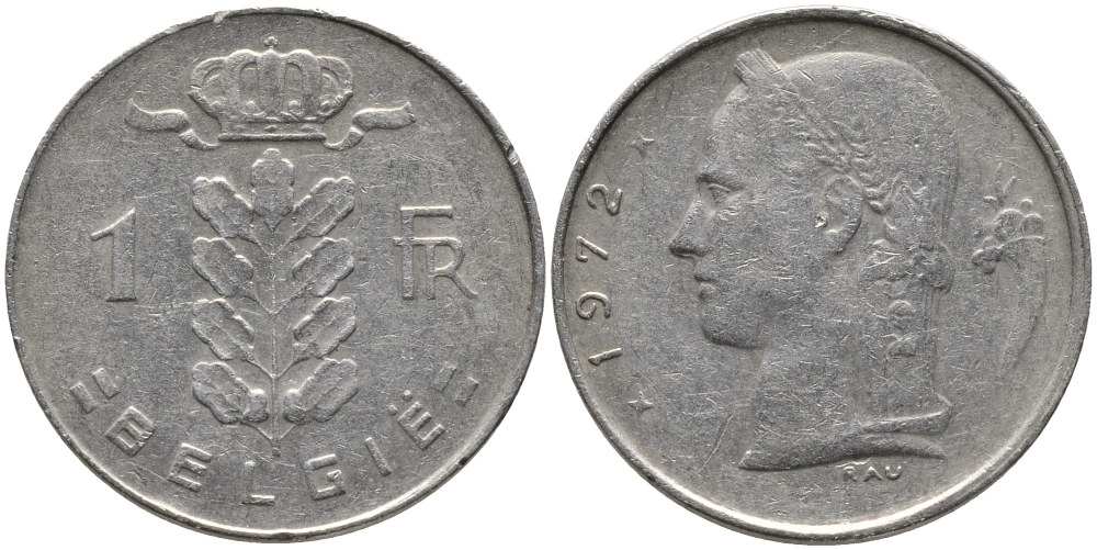 БЕЛЬГИЯ 1 ФРАНК 1972 BELGIE KM 143.1 медно-никель 65-1136