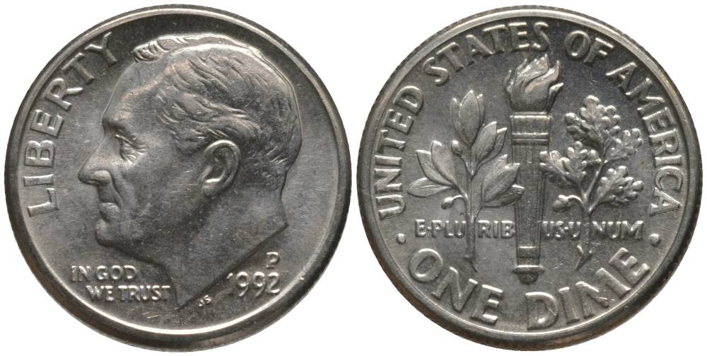 США 10 ЦЕНТОВ = 1 ДАЙМ 1992 P, РУЗВЕЛЬТ KM 195а медь плакированная медно-никелем 4396-459