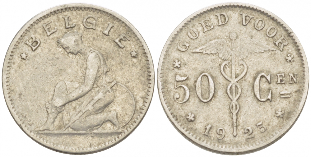 БЕЛЬГИЯ 50 САНТИМОВ 1923 BELGIE KM 88 никель 261-1662