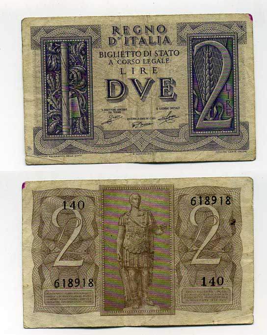 Италия 2 лиры 1939 Юлий Цезарь Pick 27, Grapanzano BS 14 8614-25-1-2